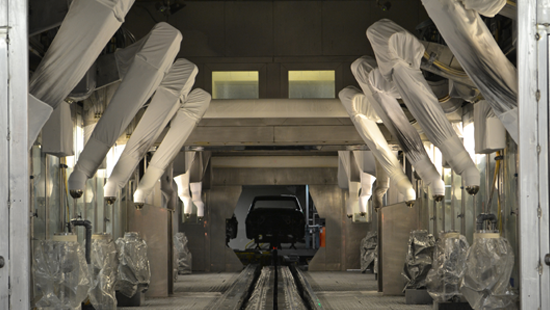 Inside an automotive paint booth