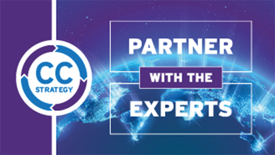Glowing world map with "Partner with the Experts" displayed over it