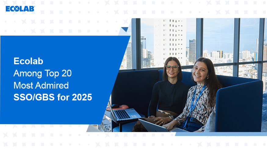 A photo of two female employees smiling, with a blue banner design that says "Ecol