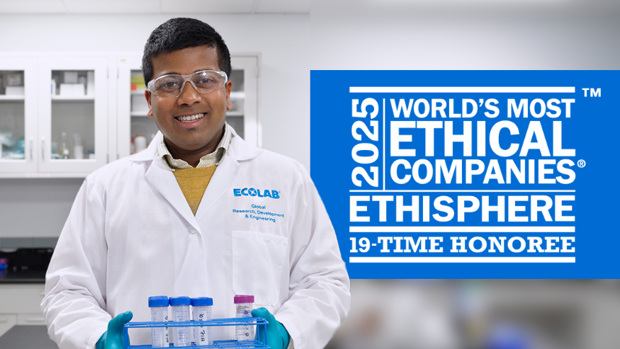 Ethisphere World’s Most Ethical Companies logo overlayed onto photo of Ecolab associate
