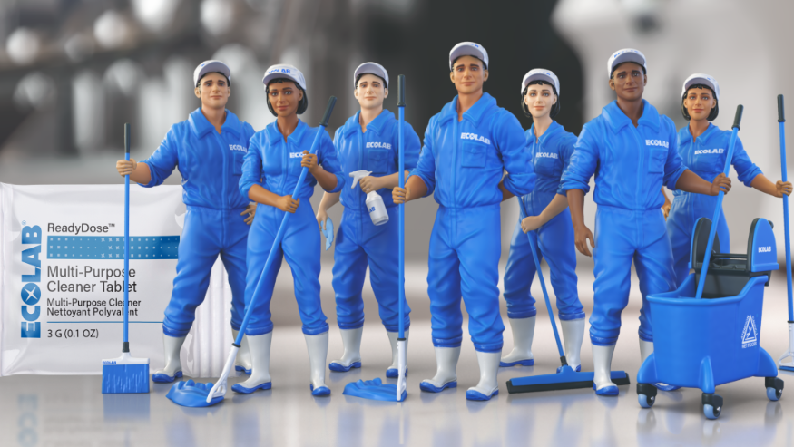 A cleaning crew with blue unforms and cleaning tools