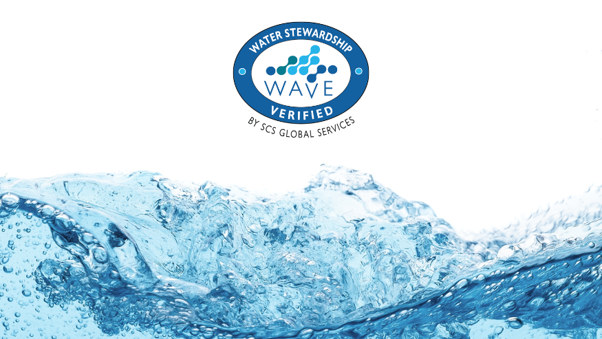 Water Stewardship Verified (WAVE) Logo at the top and water background at the bottom