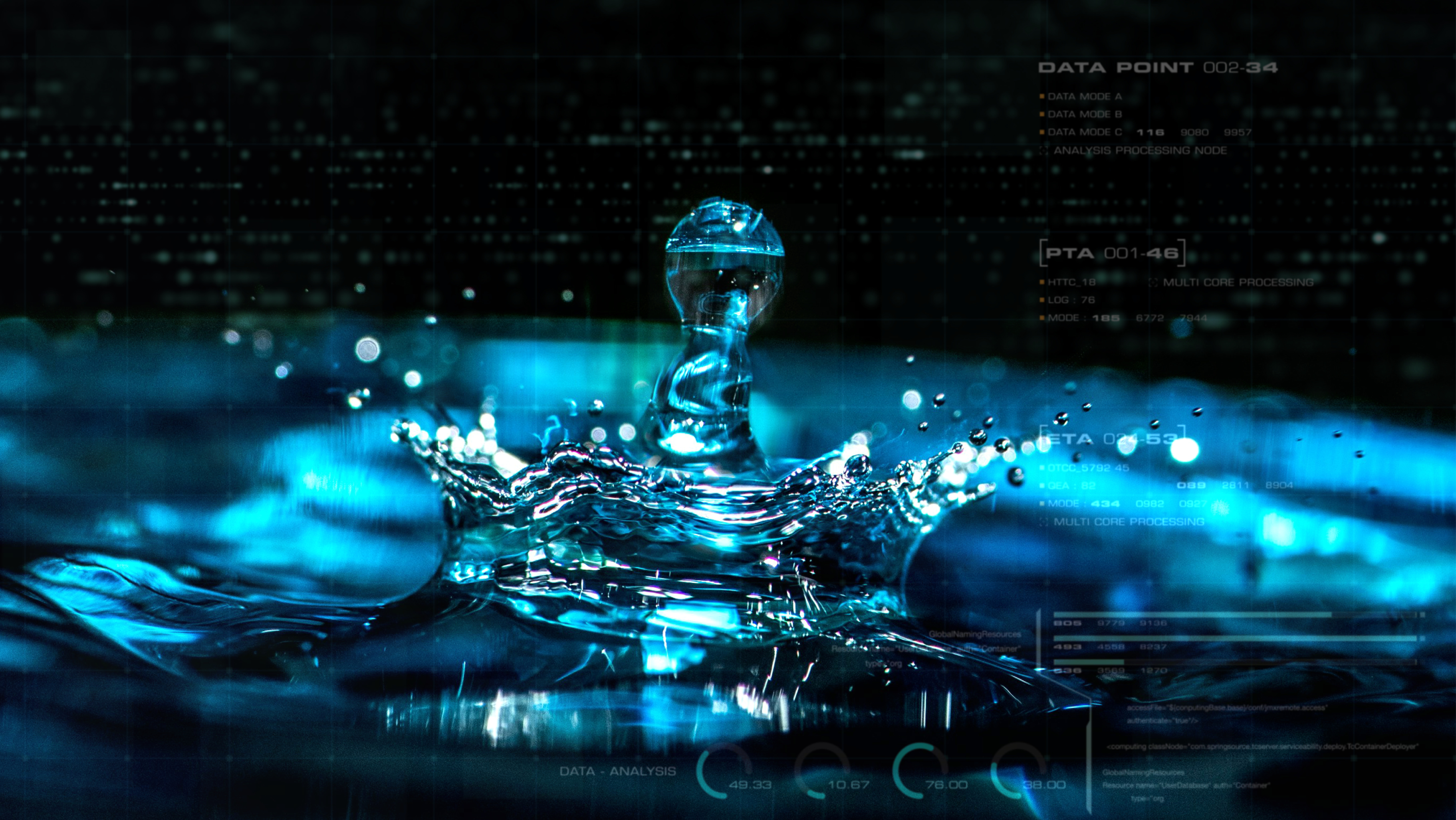 A water droplet splashing into a pool of water, on a dark background with digital data points and graphs overlaid.