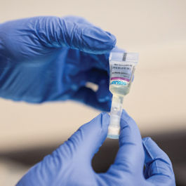 Gloved hands holding medicine