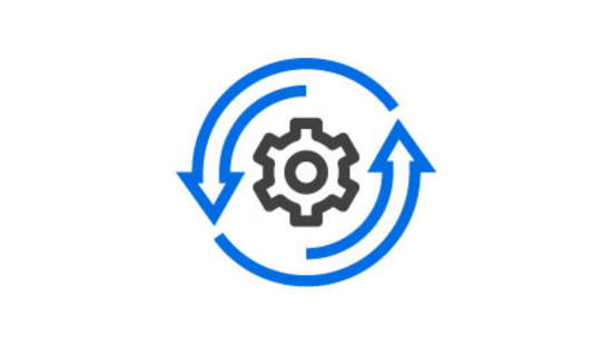 Icon of gear with arrows pointing around it.