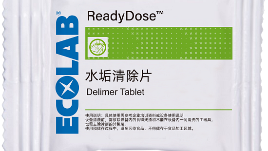 Ecolab RadyDose Delimer Tablet packet.