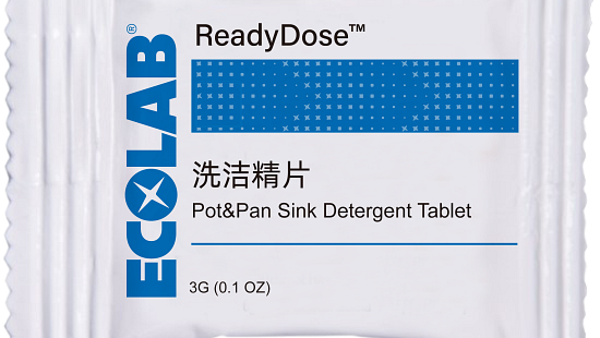 A packet of Ecolab ReadyDose Pot & Pan Sink Detergent Tablet.