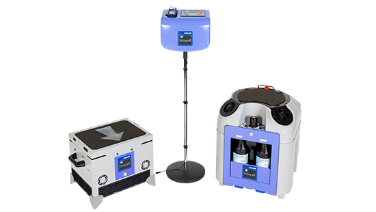 Bioquell's BQ-50 product box, extendable corded, and rolling wheeled components.